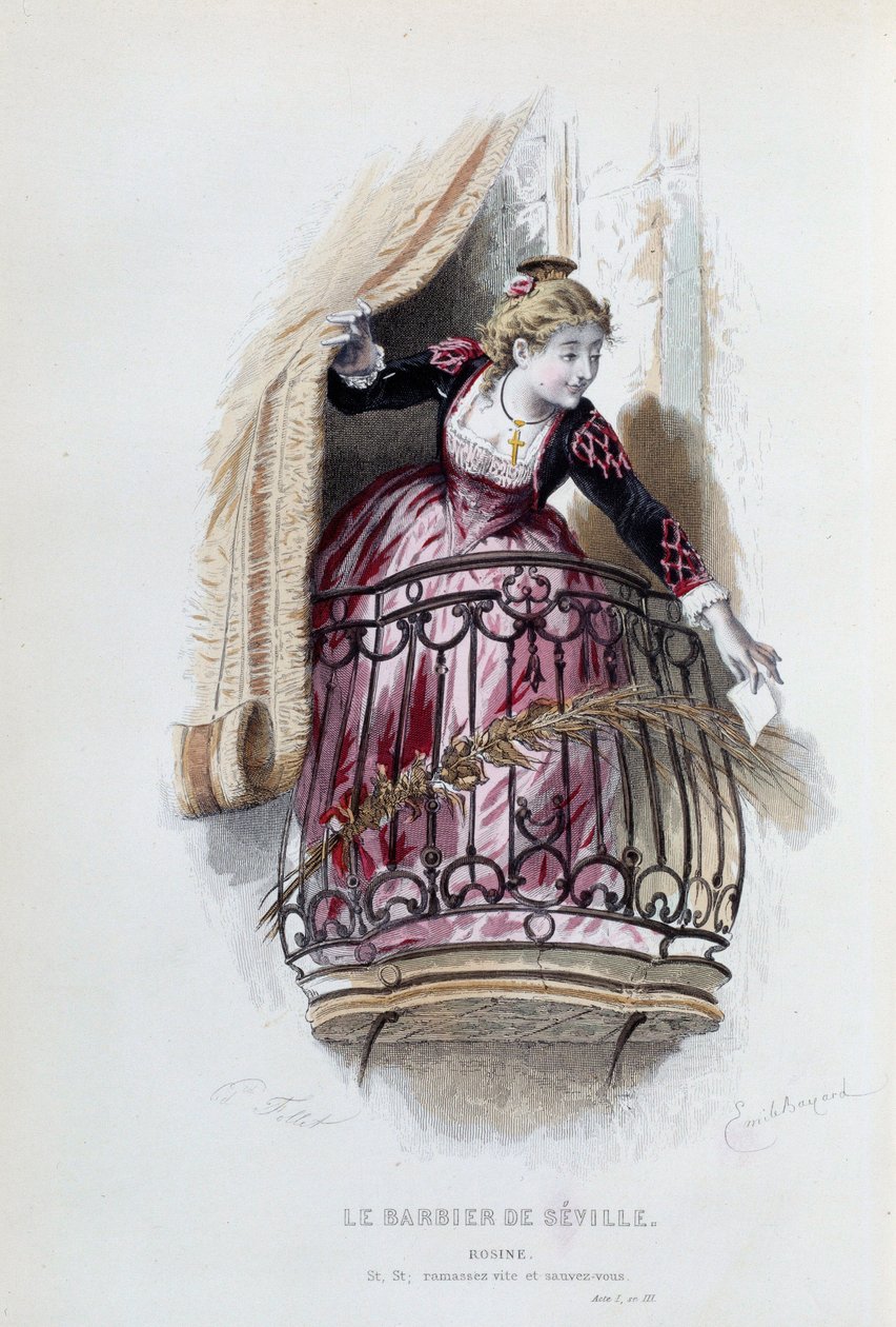 Rosine i "Barberen fra Sevilla" af Pierre Augustin Caron de Beaumarchais (1732-1799), tegninger af Emile Bayard (1837-1891) af Emile Antoine Bayard