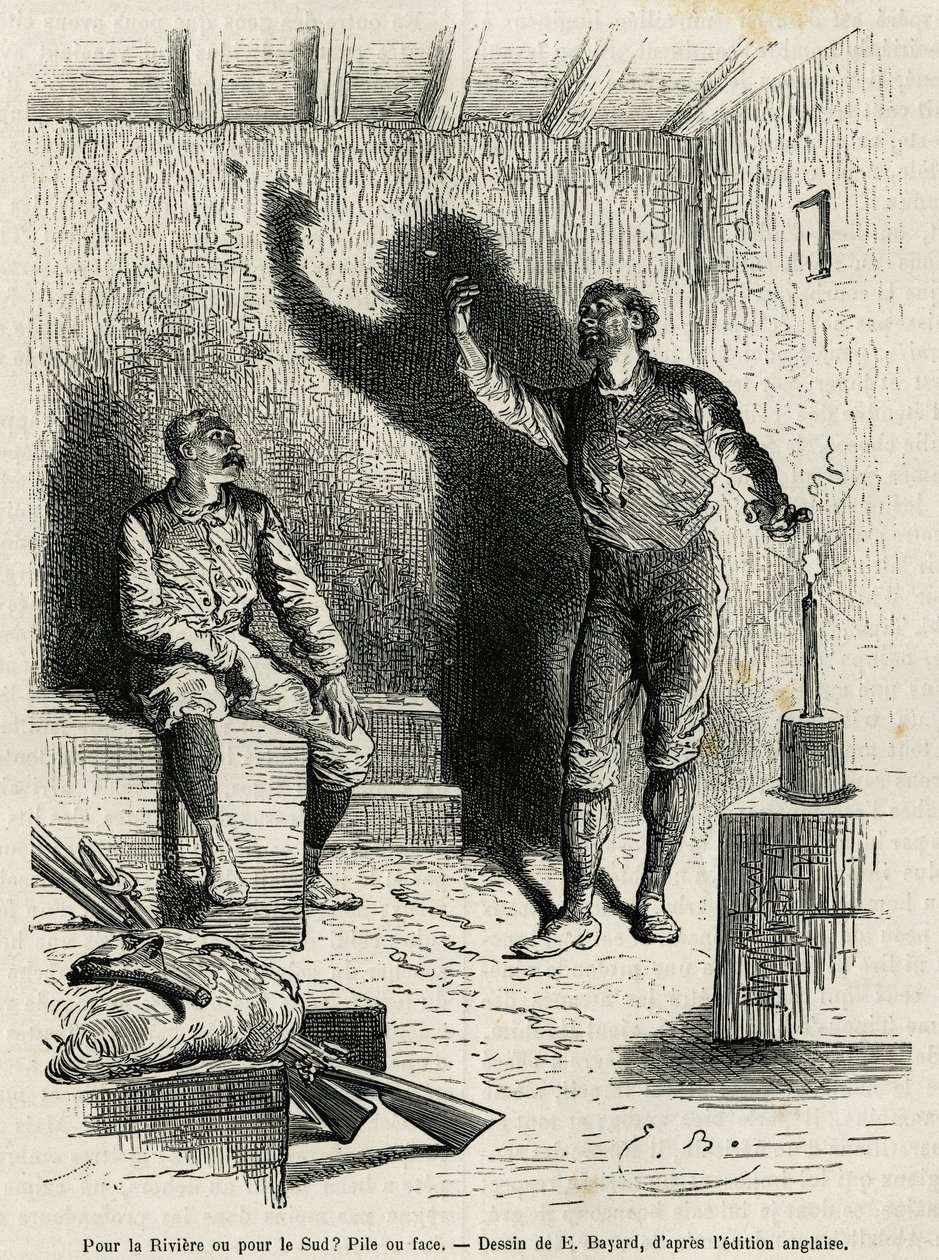 Sir Henri Morton Stanley (1841-1904) og Franck Pock, hans udforskningskammerat, besluttede en bunke eller ansigt af rejseplanen for deres rejse, tegnet af Emile Bayard, for at illustrere historien "Gennem det mystiske kontinent"" (Ækvatorial Afrika), en re af Emile Antoine Bayard