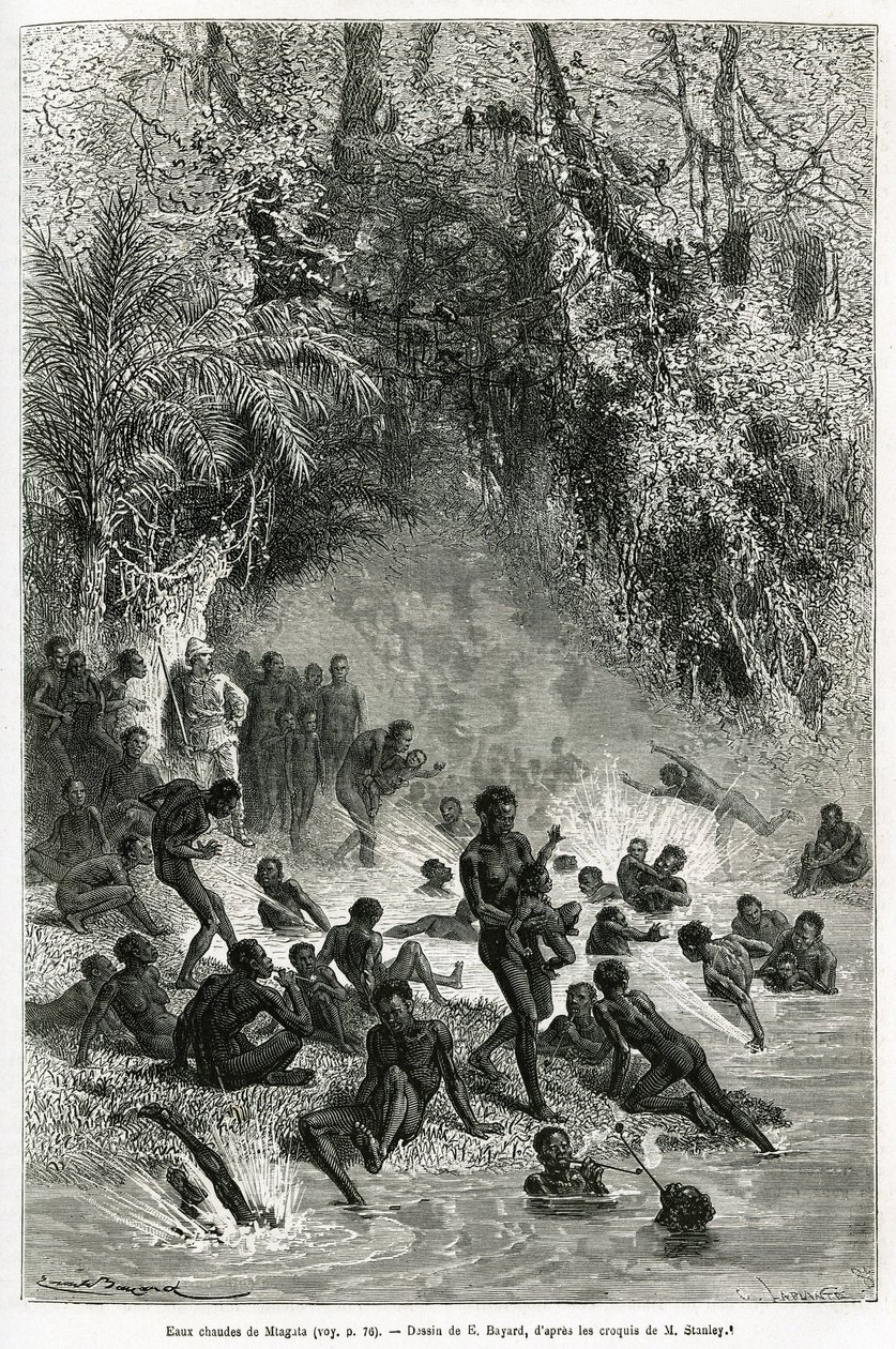 Sir Henri Morton Stanley (1841-1904) midt blandt badegæsterne i Karagoue-regionen (Cameroun), der kaster sig ud i det varme og medicinske vandbassin i Mtagata-kløften, tegnet af Emile Bayard, for at illustrere historien "Gennem det mystiske Kontinentet", e af Emile Antoine Bayard