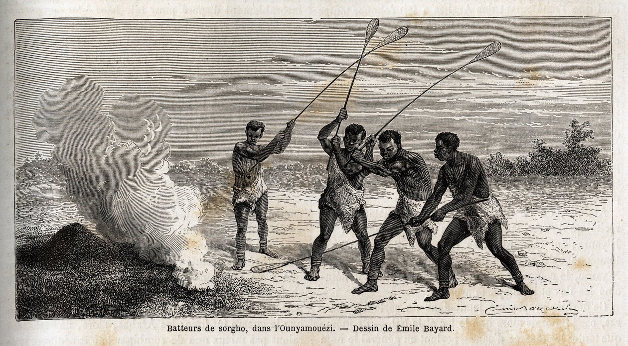 Sorghum trommeslagere, i ounyamoezi (De Store Søers region, Afrika), tegning af Emile Bayard (1837-1891), der illustrerer kaptajn Spekes opdagelsesrejse i Afrika fra 1860 til 1863. Indgravering i "" Le tour du monde"", redigeret af Edouard Charton af Emile Antoine Bayard