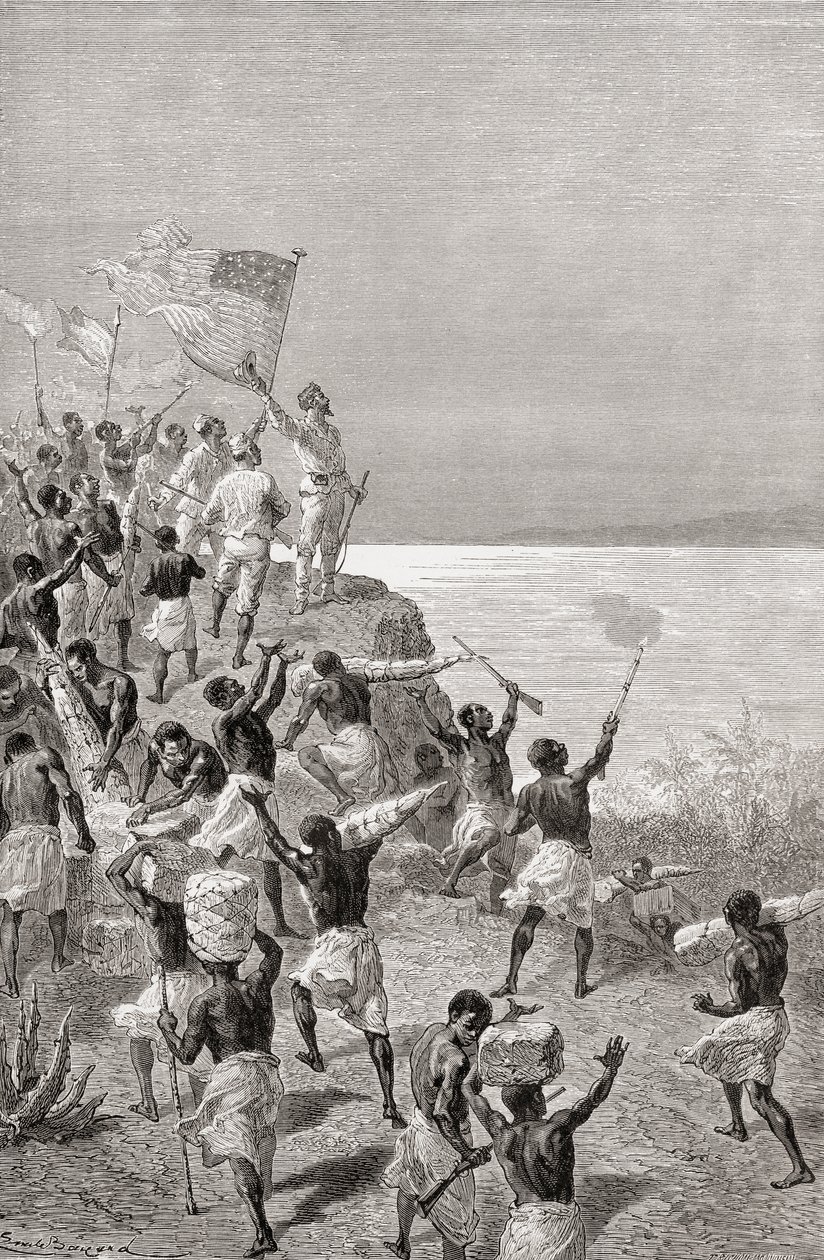Stanley og hans ekspeditions første observation af Tanganyika, Østafrika, i 1872, illustration fra 
