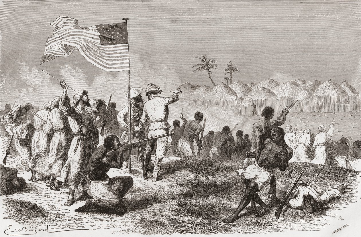 Stanleys angreb på Zimbizo under hans ekspedition i 1871, illustration fra 