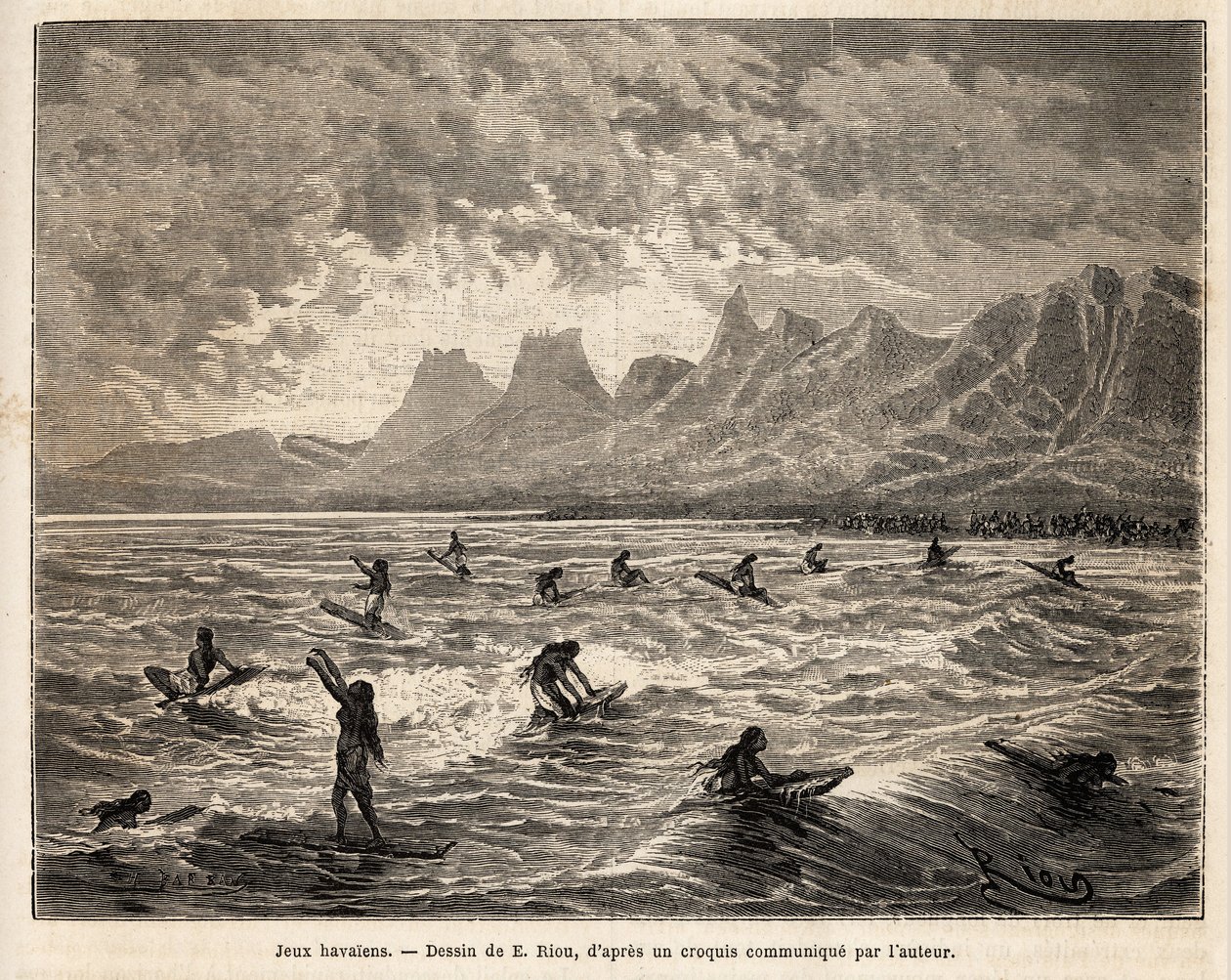 Surfing, udøvelsen af hawaiiansk yndlingsspil, her af kvinder, i balance, stående eller siddende, på brættet, på crete des waves, som bringer dem tilbage til stranden, gravering efter Emile Bayards tegning, der illustrerer rejsen til Sandwich Øer af Emile Antoine Bayard