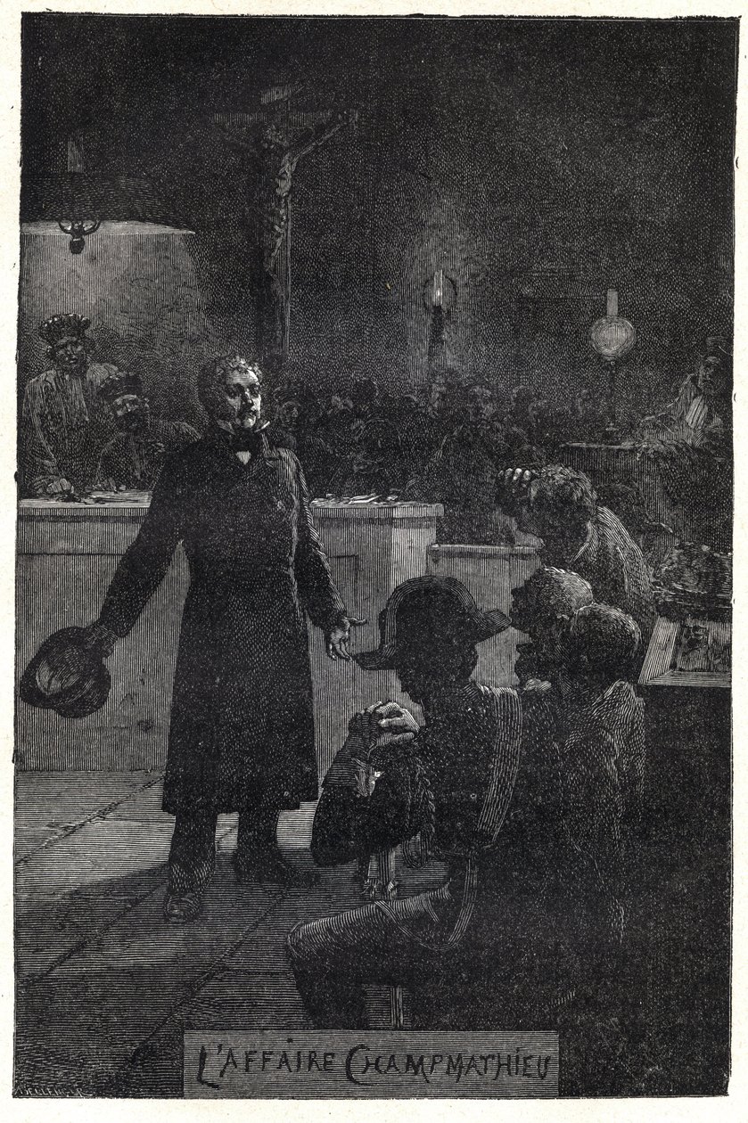Champmathieu-sagen: Monsieur Madeleine afslører sin sande identitet i retssagen mod en fattig mand, Champmathieu, hans look-alike, for at undgå, at han bliver dømt i hans sted "" Je suis Jean Valjean""" - Illustration af Emile Bayard (1837- 1891) for "" Le af Emile Antoine Bayard