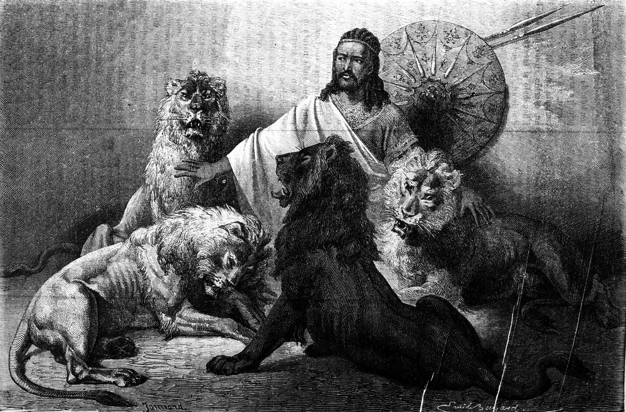 Kejseren (ras) Theodoros af Abessinien omgivet af sine løver. stik fra halvdelen af 1800-tallet. Illustration af Emile Bayard. af Emile Antoine Bayard