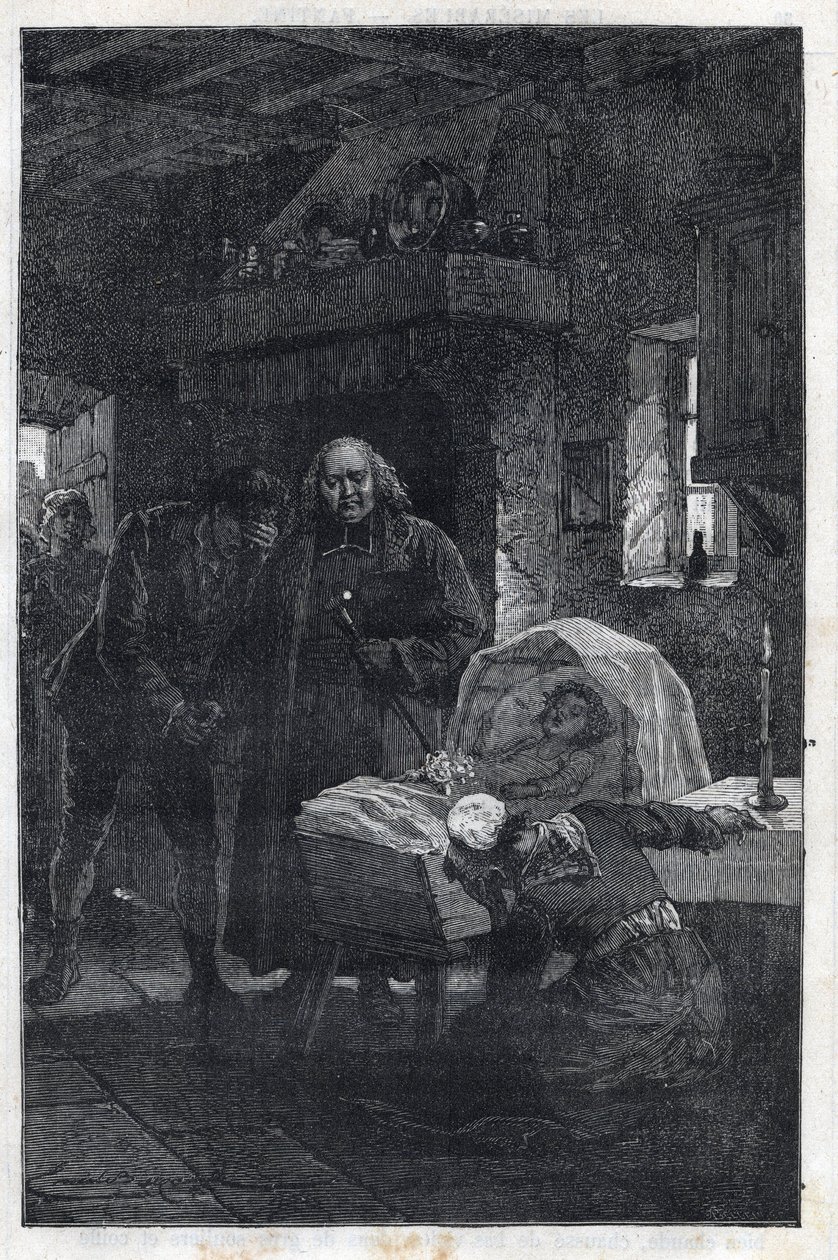 The Myriel Eveque with a Mourning Family - Illustration af Emile Bayard (1837-1891) til "The Miserables - First Part: Fantine" af Victor Hugo (1802-1885) 1862 af Emile Antoine Bayard