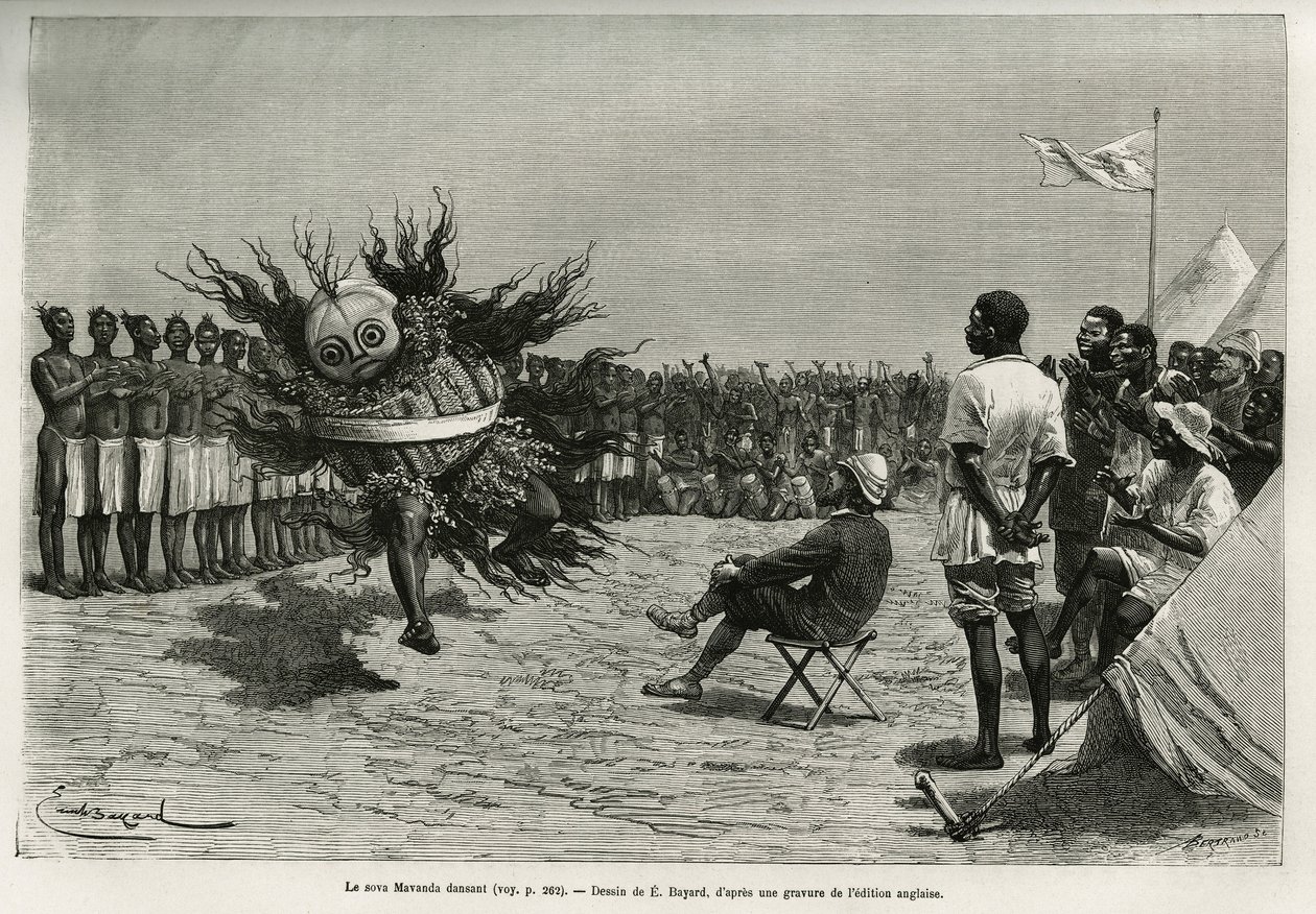 Sova Mavanda (konge), omgivet af sine mænd, der psalmererer en monoton sang, dansende foran majoren. Gravering af Emile Bayard, for at illustrere historien om, hvordan jeg har krydset Afrika, fra Atlanterhavet til Det Indiske Ocean, af major Serpa Pinto, af Emile Antoine Bayard
