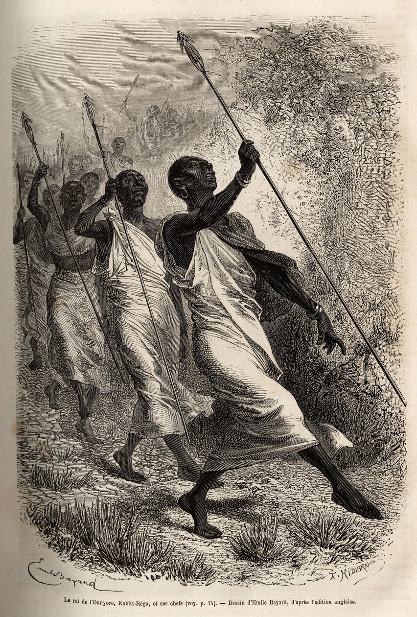Ankomsten af Kabba Rega, kongen af Ounyoro (det østlige Sudan) og høvdingerne for hans hof, til Sir Bakers lejr for et officielt besøg, indgraveret efter en tegning af Emile Bayard, der illustrerer en ekspedition i Centralafrika, til undertrykkelse af sort af Emile Antoine Bayard