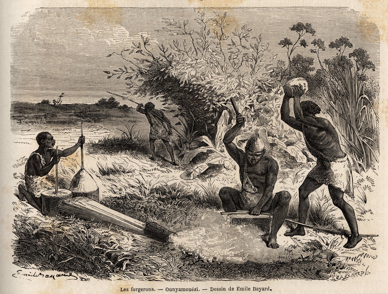 Smedene i ounyamoezi (De Store Søers region, Afrika), tegning af Emile Bayard (1837-1891), der illustrerer kaptajn Spekes opdagelsesrejse i Afrika fra 1860 til 1863. Indgravering i "" Le tour du monde"", redigeret af Edouard Charton af Emile Antoine Bayard
