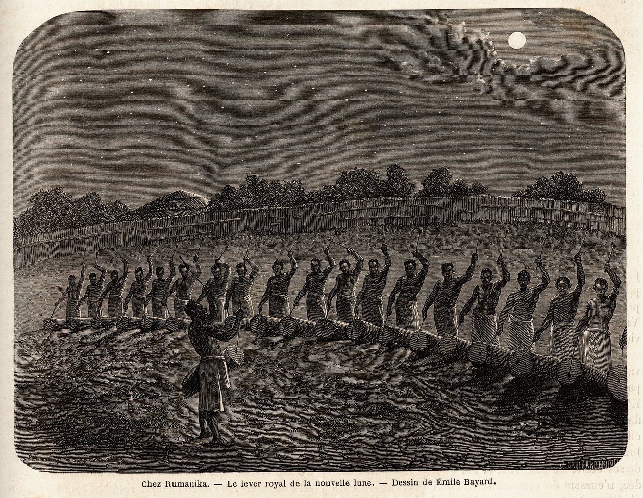 Trommerceremonien for nymånens opgang, i spidsen for stammen Rumanika, i Karague (vest for Victoria-søen, i det nuværende Zimbabwe), tegning af Emile Bayard (1837-1891), der illustrerer kaptajn Spekes rejse opdagelse i Afrika fra 186 af Emile Antoine Bayard
