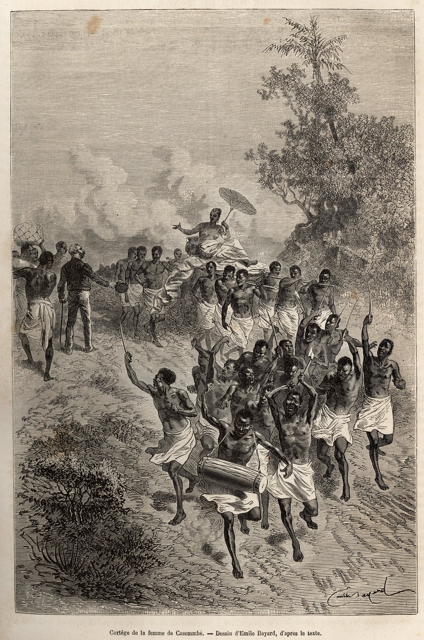 Cassembes hustrus kort går forbi Livingstone, som hilser hende, indgraveret efter en tegning af Emile Bayard, der illustrerer David Livingstones sidste dagbog (1813-1873), i 1866-1873, udgivet i "" Le tour du monde"" 1875, redigeret af Edouard Charton, af Emile Antoine Bayard