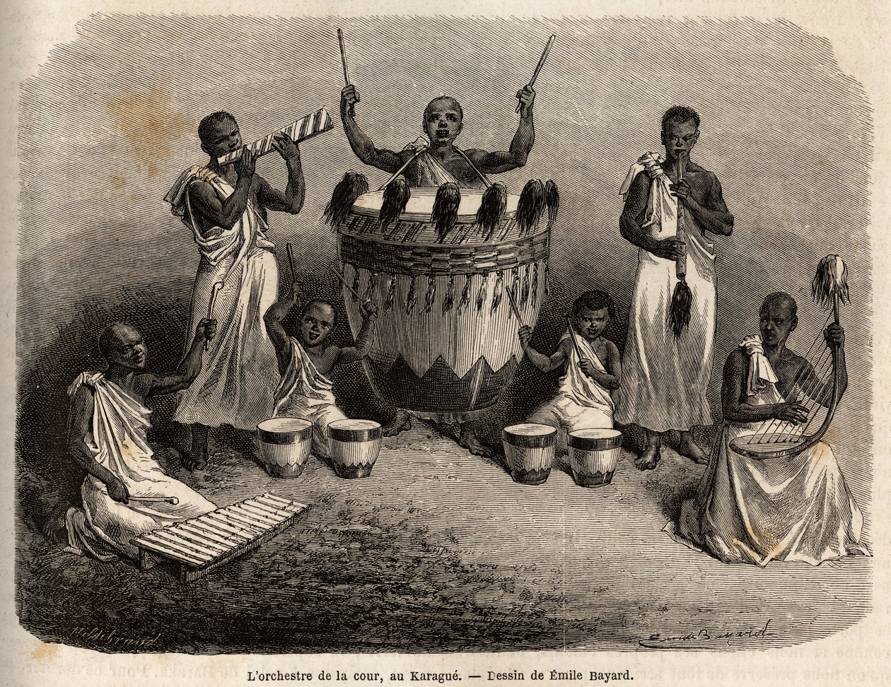 Hoforkestret, i Karague (vest for Victoria-søen, det nuværende Zimbabwe), tegning af Emile Bayard (1837-1891), der illustrerer kaptajn Spekes opdagelsesrejse i Afrika fra 1860 til 1863. Indgravering i "" Le tour du monde ””, redigeret af Edouard Char af Emile Antoine Bayard