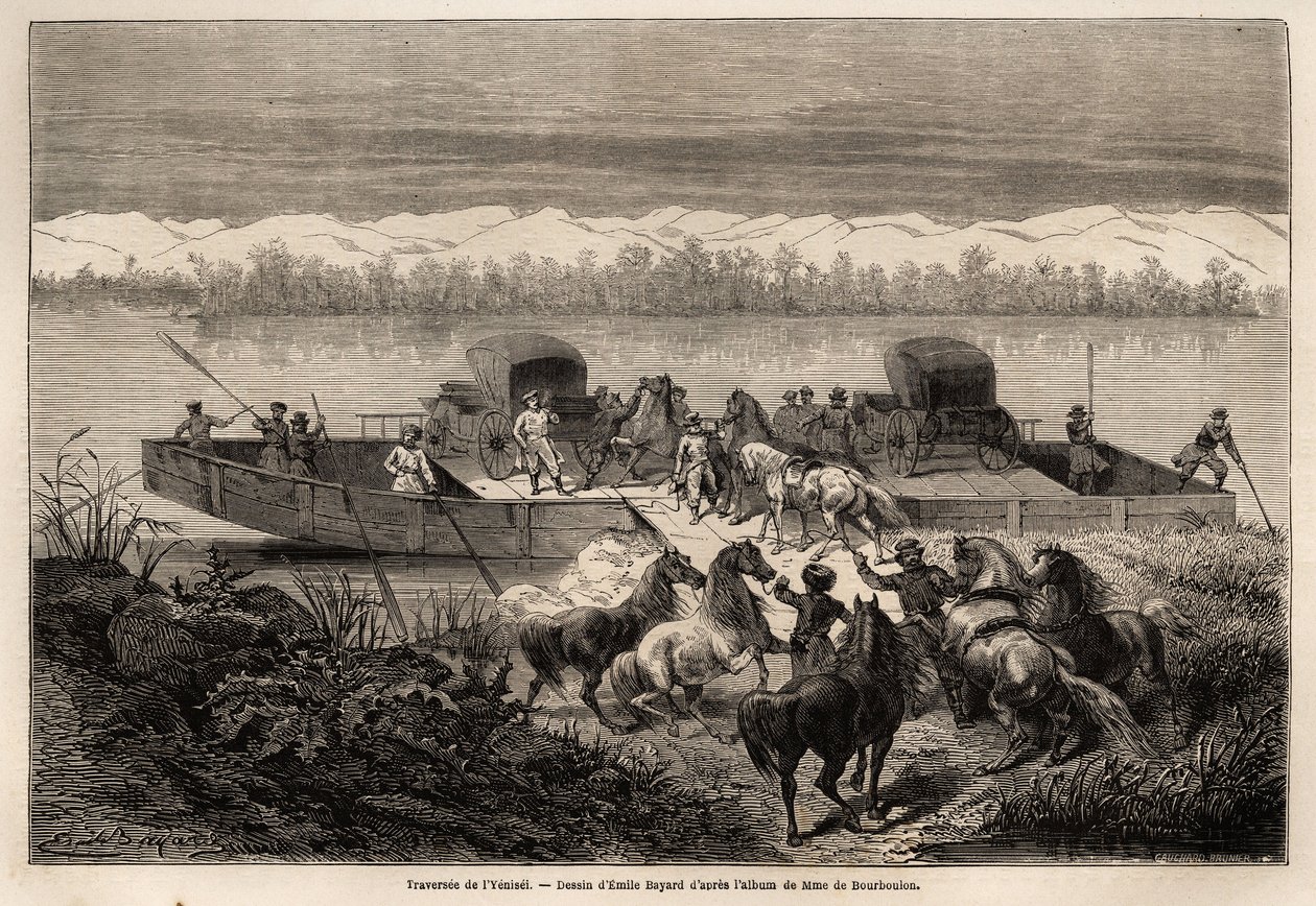 Krydsningen af Yenissei-floden (Rusland), tegning af Emile Bayard (1837-1891) for at illustrere rejsen fra Shanghai til Moskva, fra 1859 til 1862, af M. de Bourboulon, Frankrigs minister til Kina. Indgravering i "" Le tour du monde"", redigeret af Edouard  af Emile Antoine Bayard