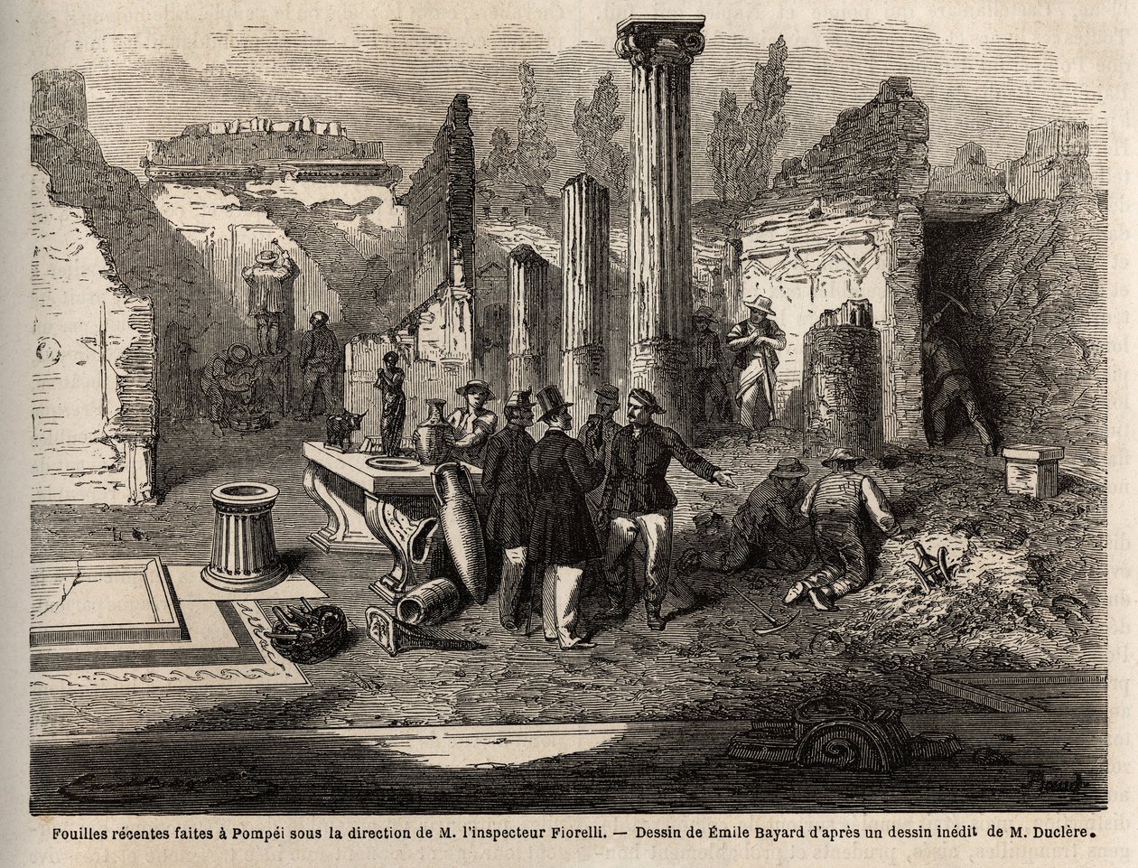 Udgravningerne i 1864 i Pompei, under ledelse af inspektør Fiorelli, tegning af Emile Bayard (1837-1891), for at illustrere teksten af Marc Monnier (1829-1885) "" Pompei og Pompeianerne". Indgravering i "" Le tour du monde"", redigeret af Edouard Chart af Emile Antoine Bayard