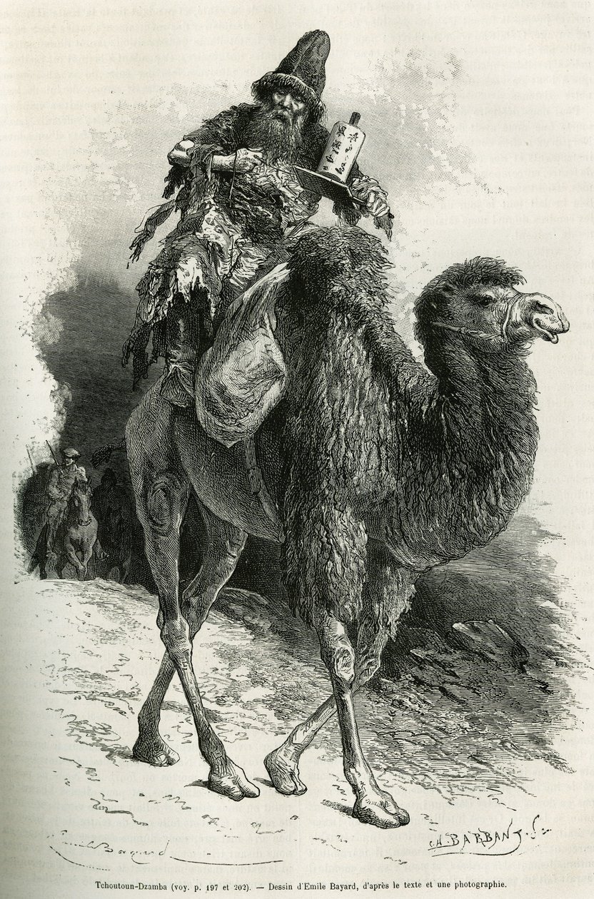 Ekspeditionens guide og tolk, Chutun Dzamba, 58 år gammel, sad på sin kamel, han mumlede hele tiden bønner, tegning af Emile Bayard til illustration af rejsen til Mongoliet og Tanguternes land fra 1870 til 1873, af løjtnanten af Emile Antoine Bayard