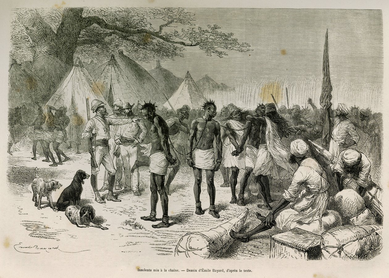 Ekspeditionens uforskammede bærere sat i kæden, tegnet af Emile Bayard, for at illustrere historien: På tværs af Afrika, fra Zanzibar (Tanzania) til Benguela (Angola), fra 1872 til 1876, af løjtnant V.H.Cameron. Indgravering i Le tour du monde af Emile Antoine Bayard