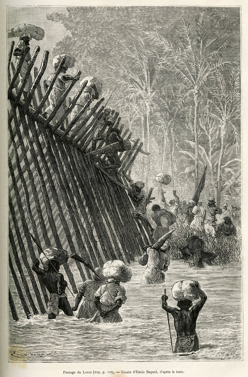 Passagen af floden Lovoi (eller djævelens flod) (Katanga-regionen, Congo) af ekspeditionen, tegning af Emile Bayard, for at illustrere rejsen gennem Afrika, fra Zanzibar (Tanzania) til Benguela (Angola), fra 1873 til 1876 , af den britiske kommandør V.L. af Emile Antoine Bayard