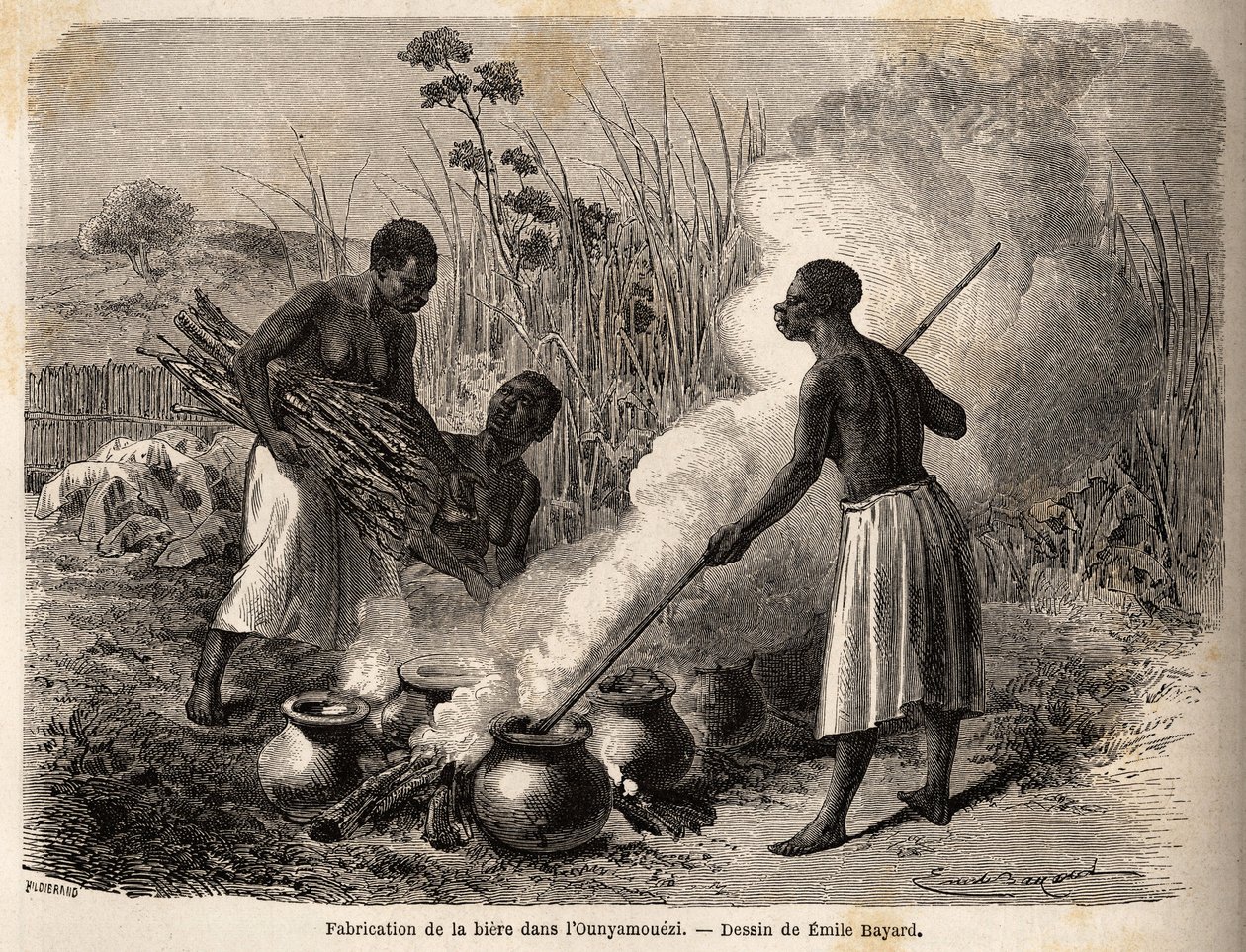 Produktionen af øl i ounyamoezi (De Store Søers region, Afrika), tegning af Emile Bayard (1837-1891), der illustrerer kaptajn Spekes opdagelsesrejse i Afrika fra 1860 til 1863. Indgravering i "" Le tour du monde"", redigeret af Edouard Charton af Emile Antoine Bayard