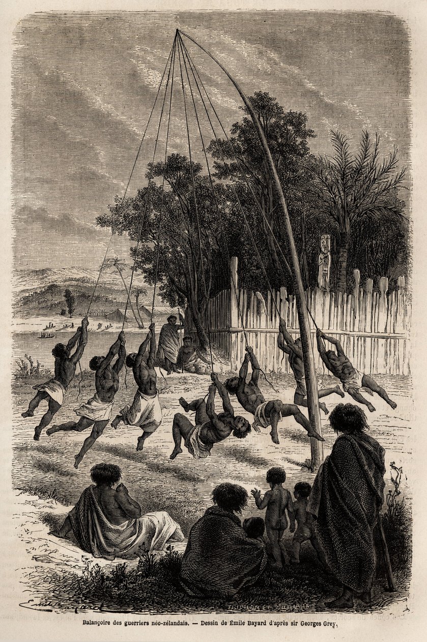 Swingen af neo-zelandanske krigere i Isthmus of Auckland, tegning af Emile Bayard (1837-1891), for at illustrere Ferdinand de Hochstetters rejse til New Zealand fra 1858 til 1860. Indgravering i "" Le tour du monde"", redigeret af Edouard Charton af Emile Antoine Bayard