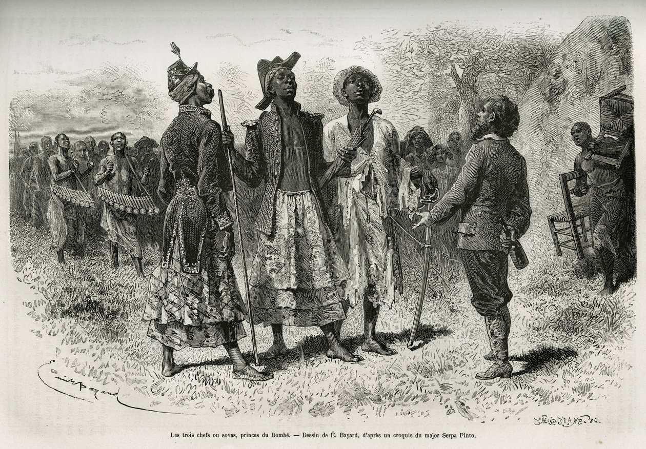 De tre dirigenter (eller sovaer), prinser af Dombe (Angola) og deres suite af musikere og hofmand, kommer for at møde opdagelsesrejsende S.Pinto. Gravering af Emile Bayard, for at illustrere historien om, hvordan jeg har krydset Afrika, fra Atlanterhavet t af Emile Antoine Bayard