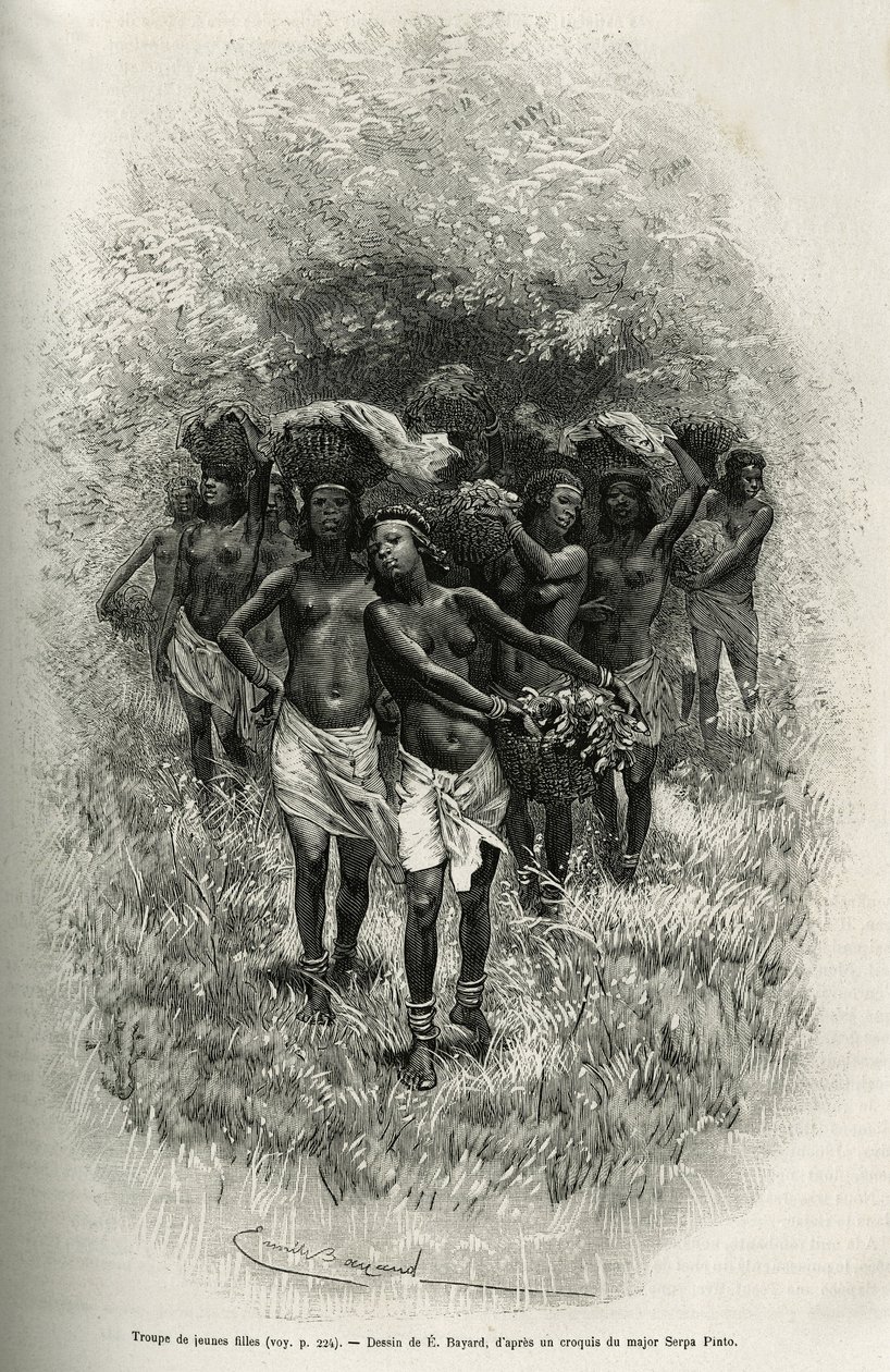 En flok unge piger, der bærer kurve fyldt med mad til forsyning af S.Pinto og hans mænd. Gravering af Emile Bayard, for at illustrere historien om, hvordan jeg har krydset Afrika, fra Atlanterhavet til Det Indiske Ocean, af major Serpa Pinto, i 1877-1878,  af Emile Antoine Bayard