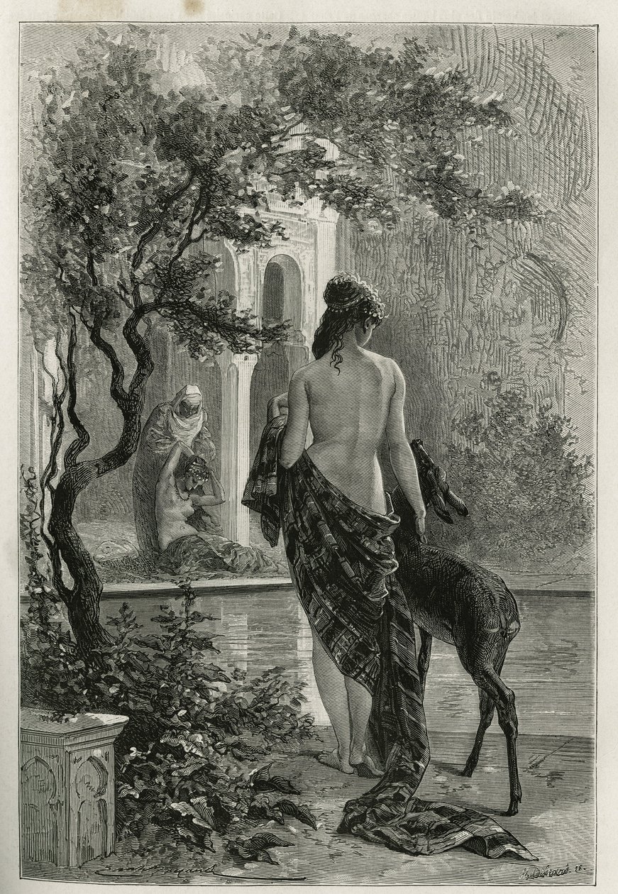 Un jardin à Fes, gravering af Emile Bayard, for at illustrere historien om Marokko af Edmondo de Amicis, i 1875, udgivet i tour du monde under ledelse af Edouard Charton af Emile Antoine Bayard