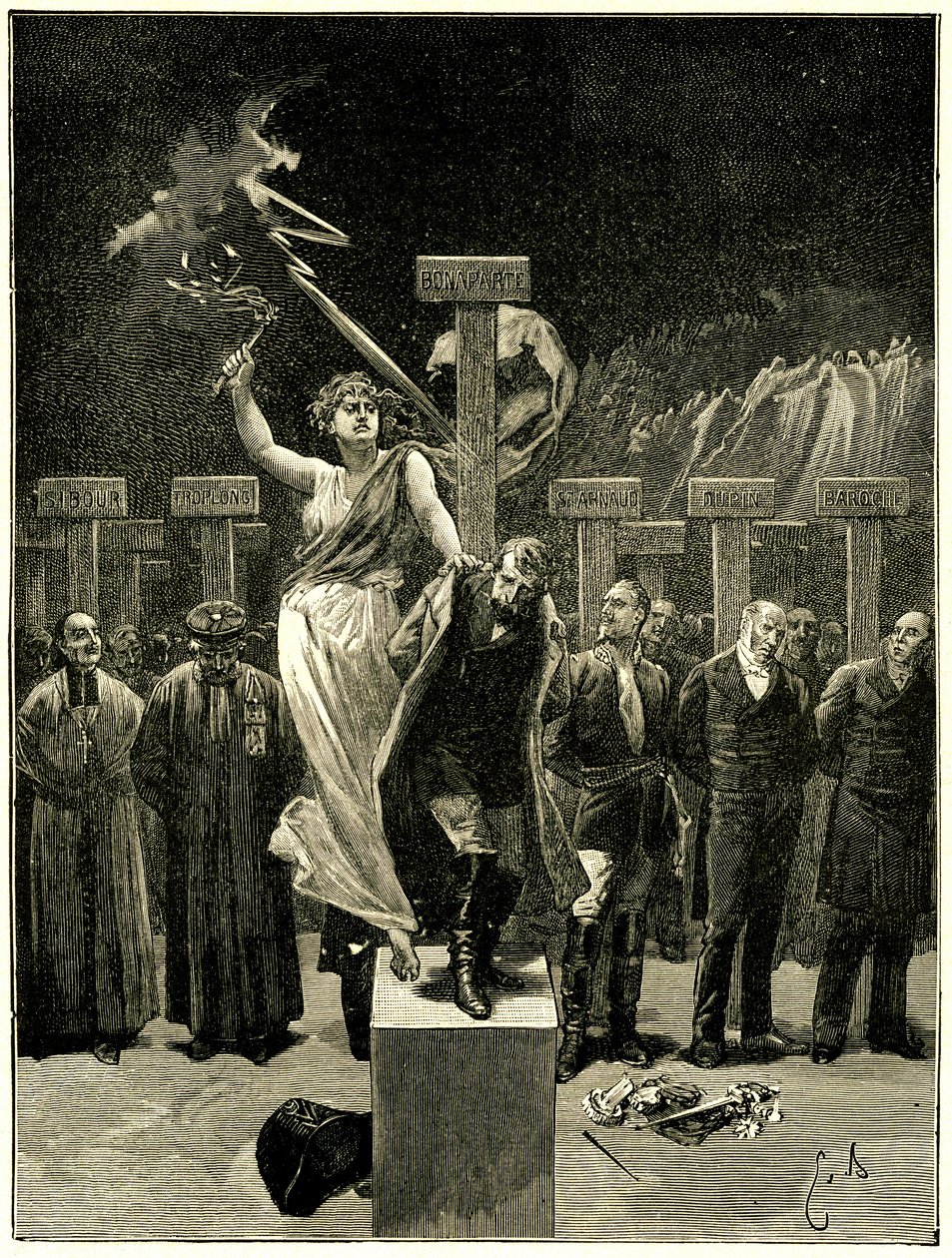 Victor Hugo, Les Chatiments, illustration af Emile Bayard. "" Det ville være en fejl at tro, at disse ting/vil ende med sange og apoteoser""". Det siges, at denne evocation af fremtiden forårsagede frygten for Napoleon 3. af Emile Antoine Bayard