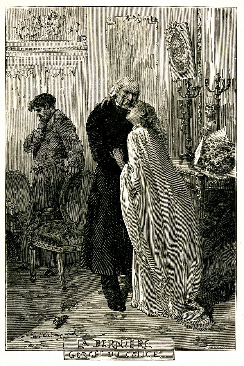 Victor Hugo "The Miserables", "The Last Gorgee of the Chalice". Illustration af Emile Bayard. Den tidligere forkat Jean Valjean blev gammel med Cosette og Marius. Indgravering af udgaven Ollendorff 1906. af Emile Antoine Bayard
