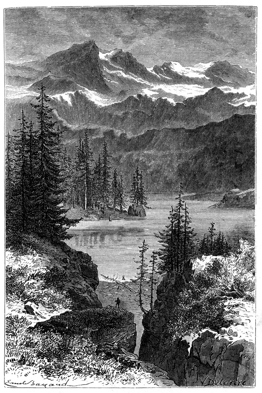 Udsigt over Alperne: skov, sø, tinder. Illustration af Emile Bayard til bogen Les Montagnes d
