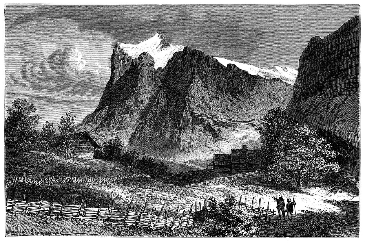Udsigt over de schweiziske alper. Illustration af Emile Bayard til bogen Les Montagnes d