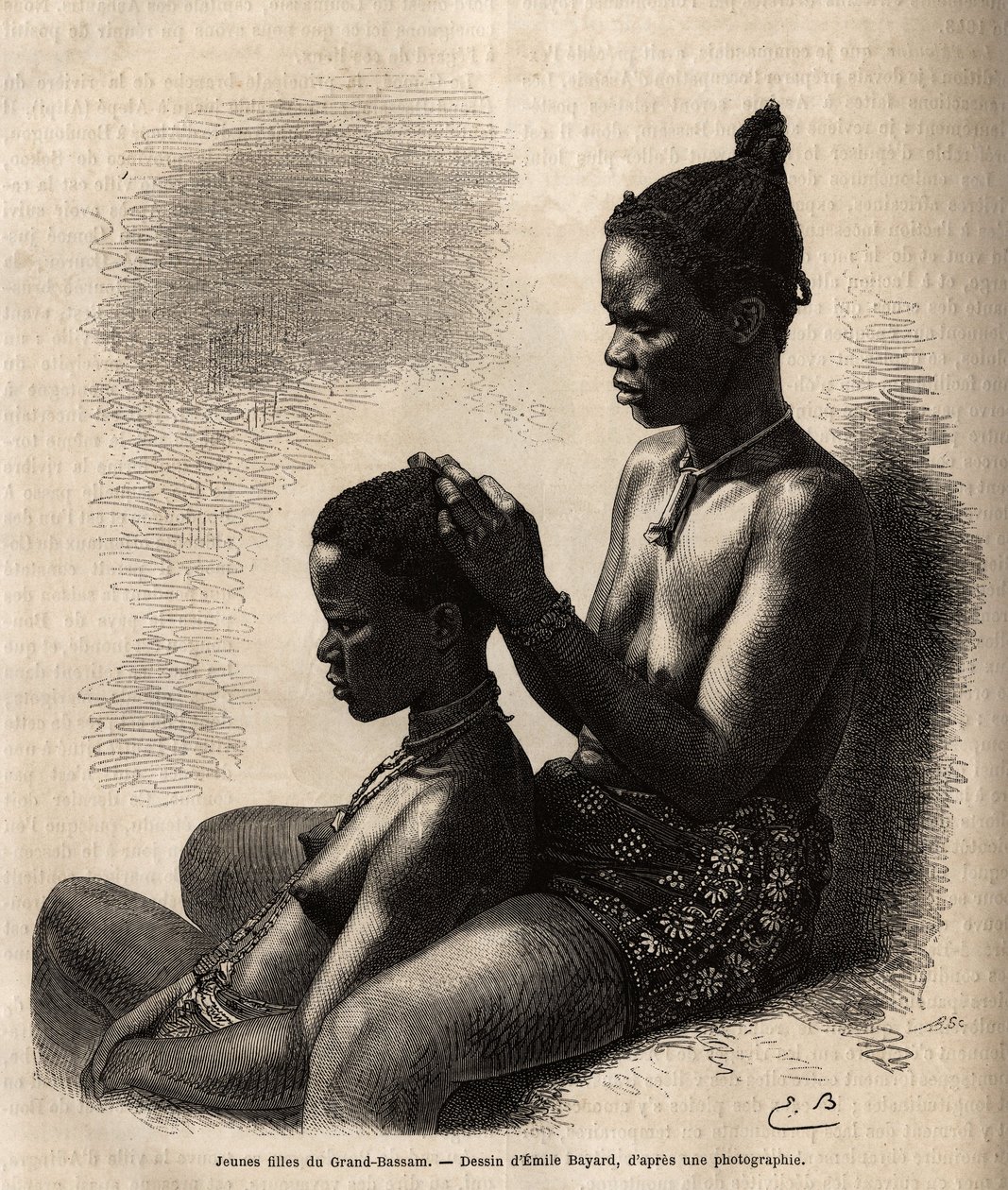 Unge piger fra Grand-Bassam (Grand Bassam) (tidligere hovedstad i Elfenbenskysten), styler sig selv, graverer efter Emile Bayards tegning, illustrerer rejsen til den afrikanske kyst i 1868, af viceadmiral Fleuriot de Langles, udgivet i "" Le tour du m af Emile Antoine Bayard