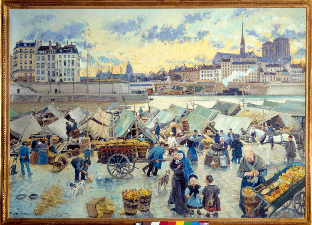 Æblemarkedet på kajen ved Hôtel de Ville, Paris. Maleri af Emile Guillier (1849-1883) af Emile Antoine Guillier