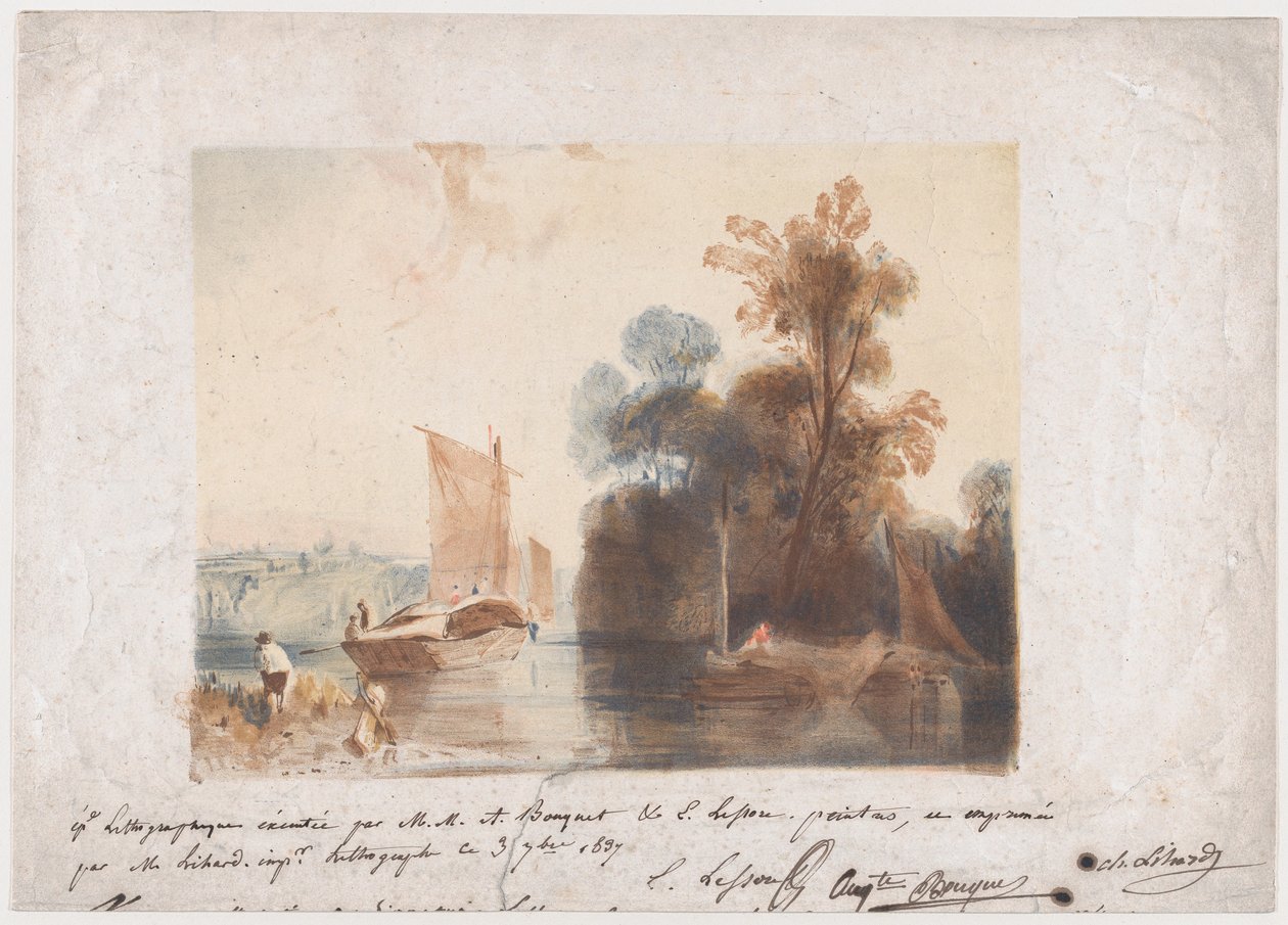 Landskab med flod og både, 1837 af Emile Aubert Lessore
