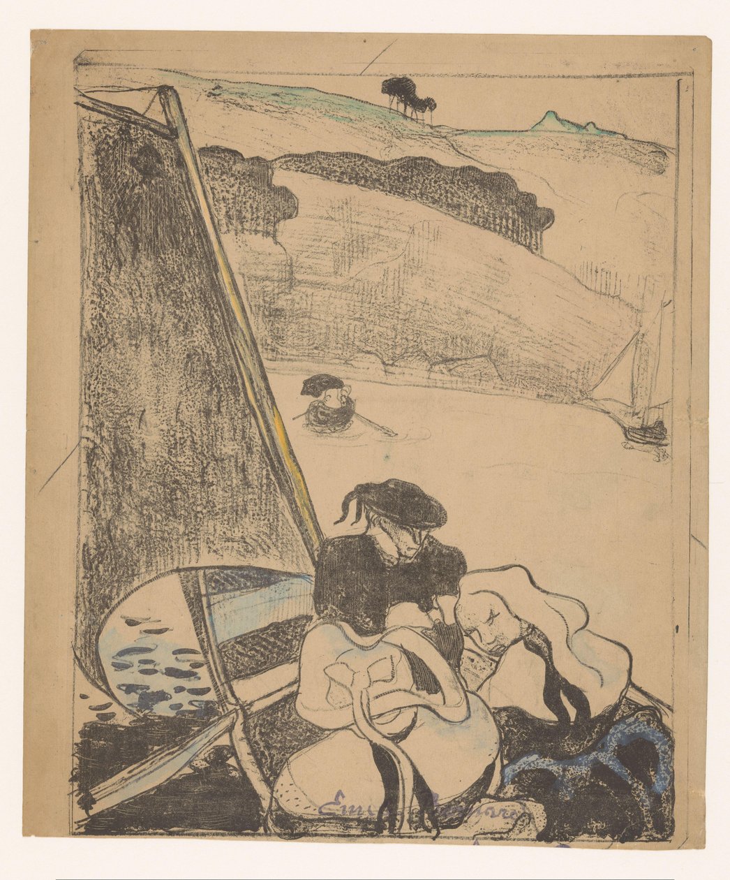 To bretonske kvinder og en mand på en båd Le return du pardon Bretonske kvinder (serietitel) Bretonnes (serietitel) af Émile Bernard (signed by artist)