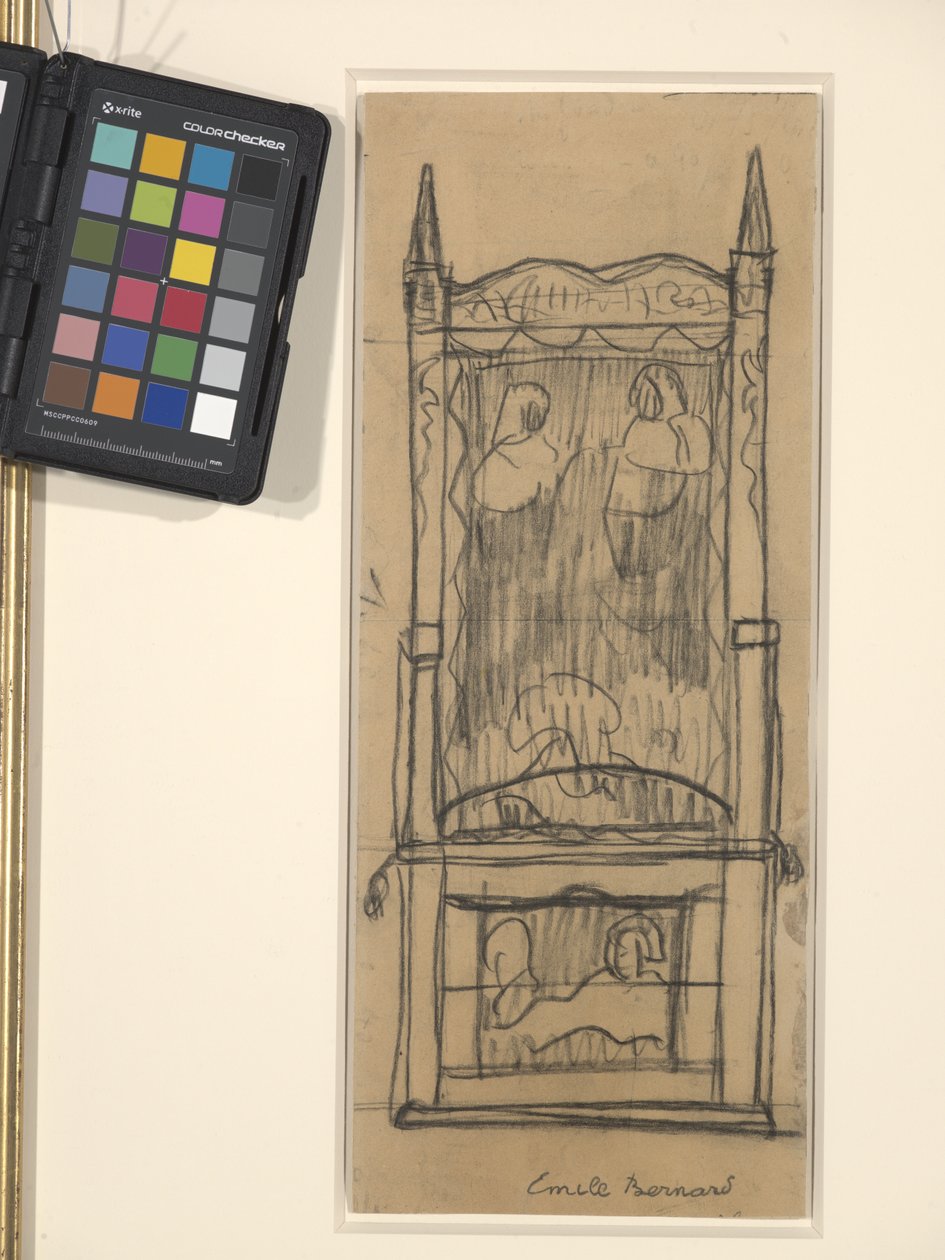 Design til et skab/stol (sort kul på brunt vævet papir) af Emile Bernard