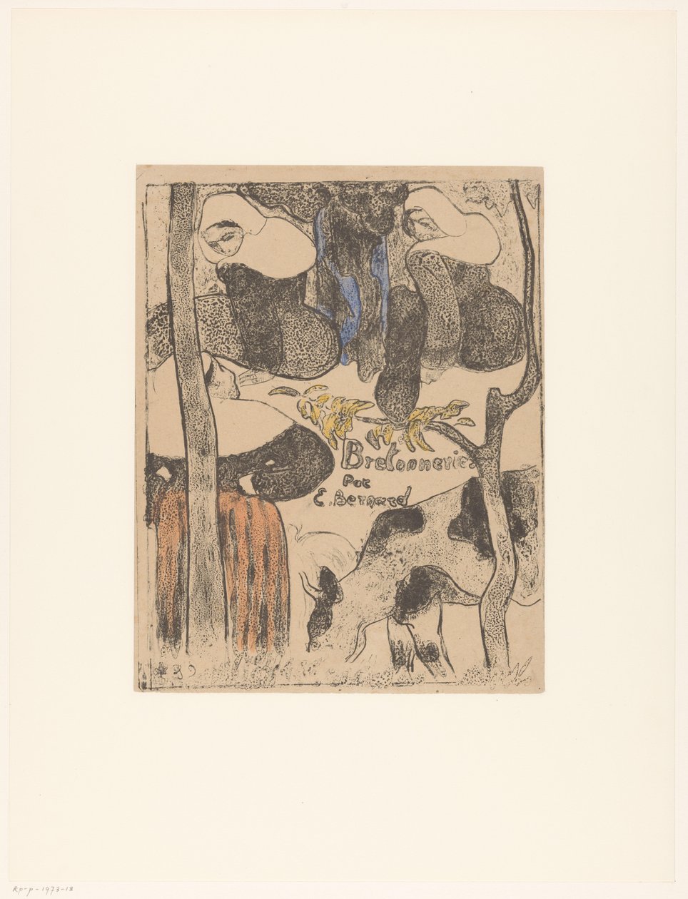 Tre bretonske kvinder og køer Titeltryk for: Émile Bernard, Bretonneries, 1889 Bretonnes et vache Bretonske kvinder (serietitel) Bretonnes (serietitel på objekt) af Emile Bernard
