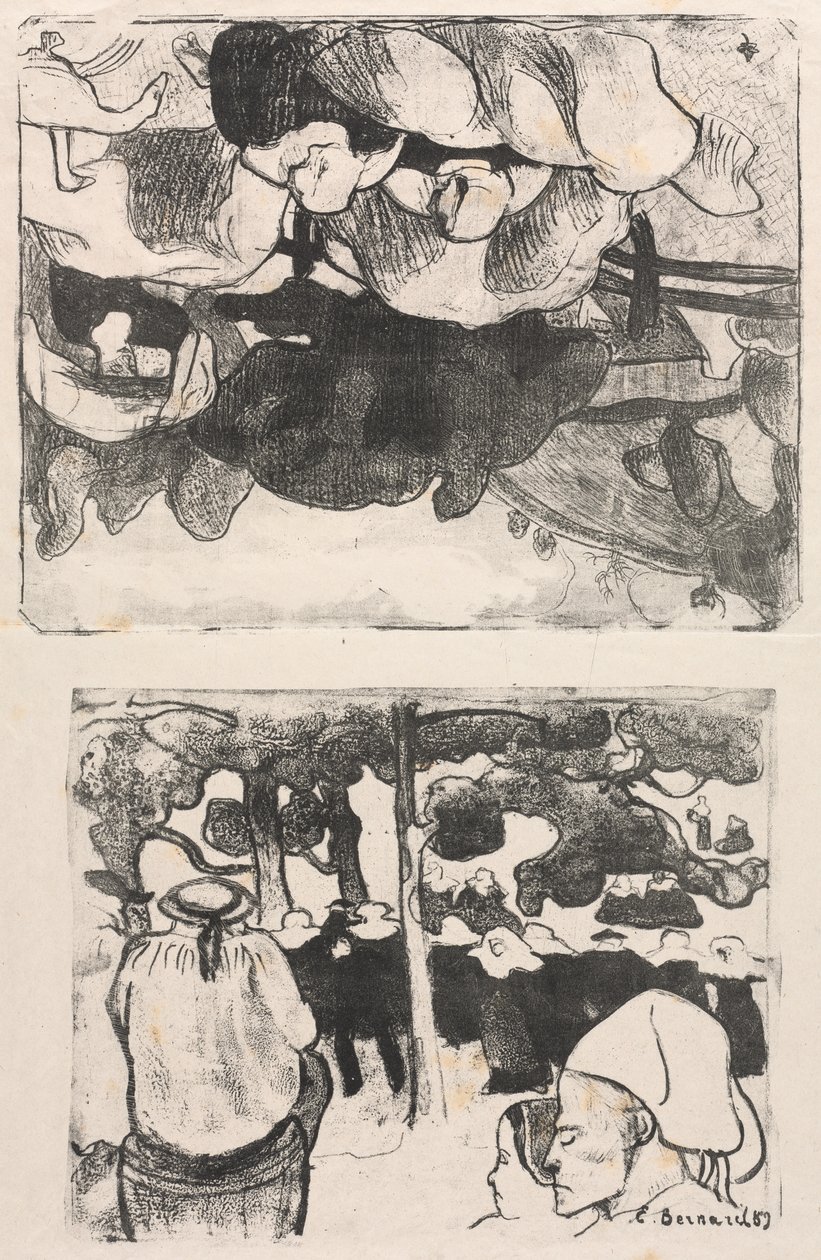 Les Bretonneries: Bretonske kvinder laver høstakke (Bretonnes Faisant les Foins) og bryllup i Bretagne (La Noce en Bretange) af Emile Bernard