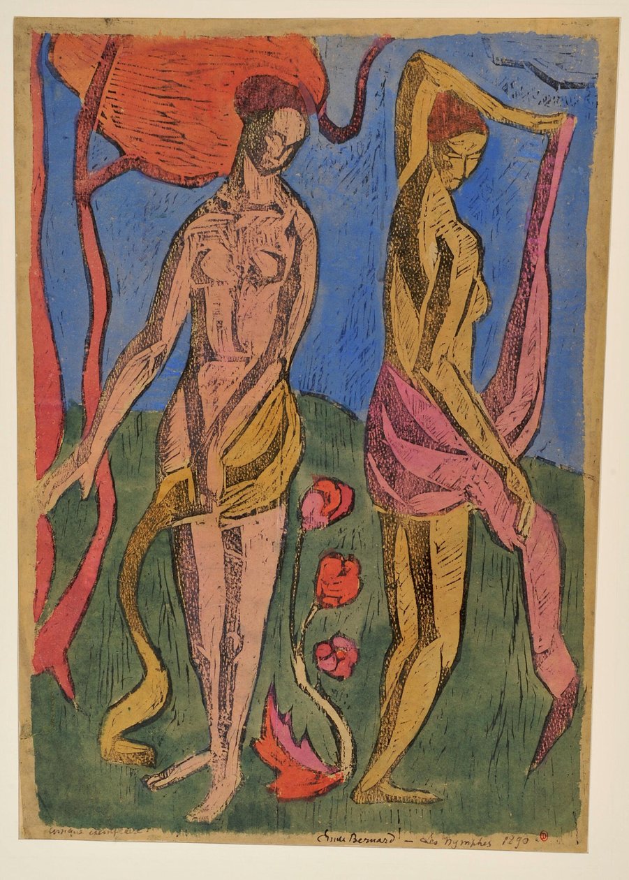 Die Nymphen: Badende mit roten Blumen af Emile Bernard