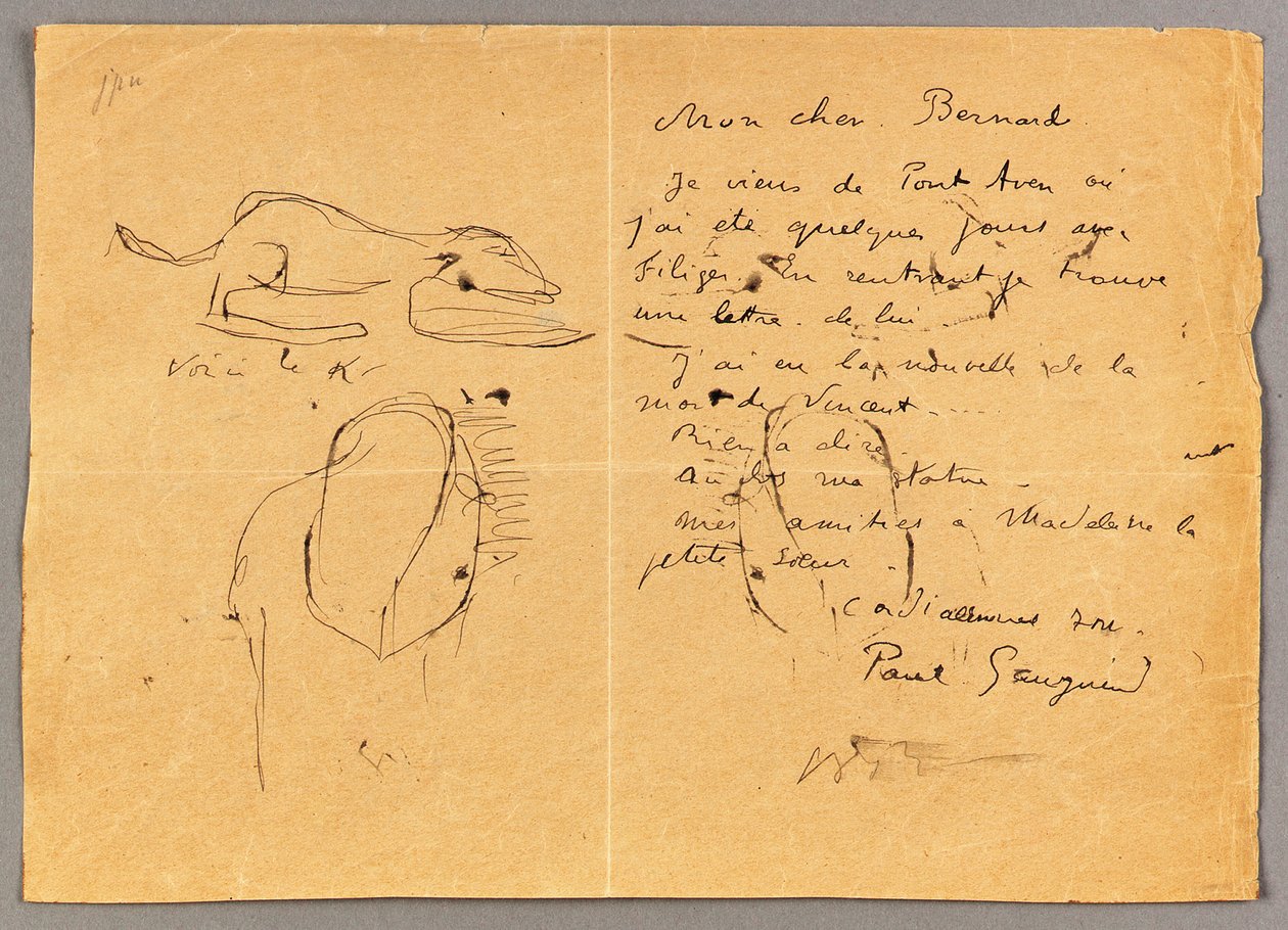 Brev til Emile Bernard med tre blækskitser, der noterer "Vincents død", Tahiti, 1890