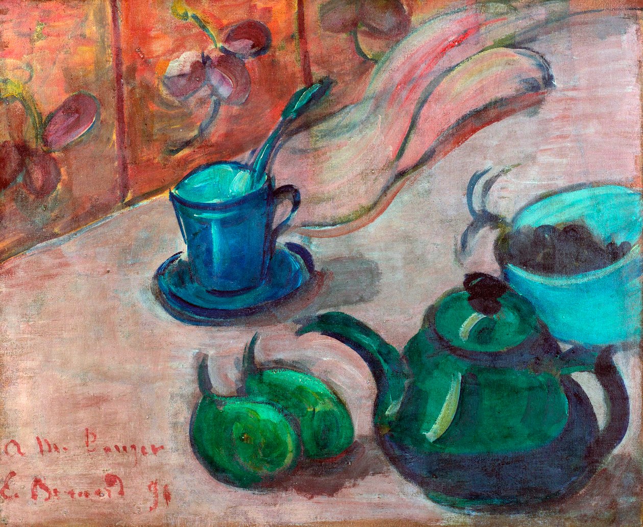 ""Nature morte a la theiere, tasse et fruit"" (Stilleben med tekande, kop og frugt) Peinture d
