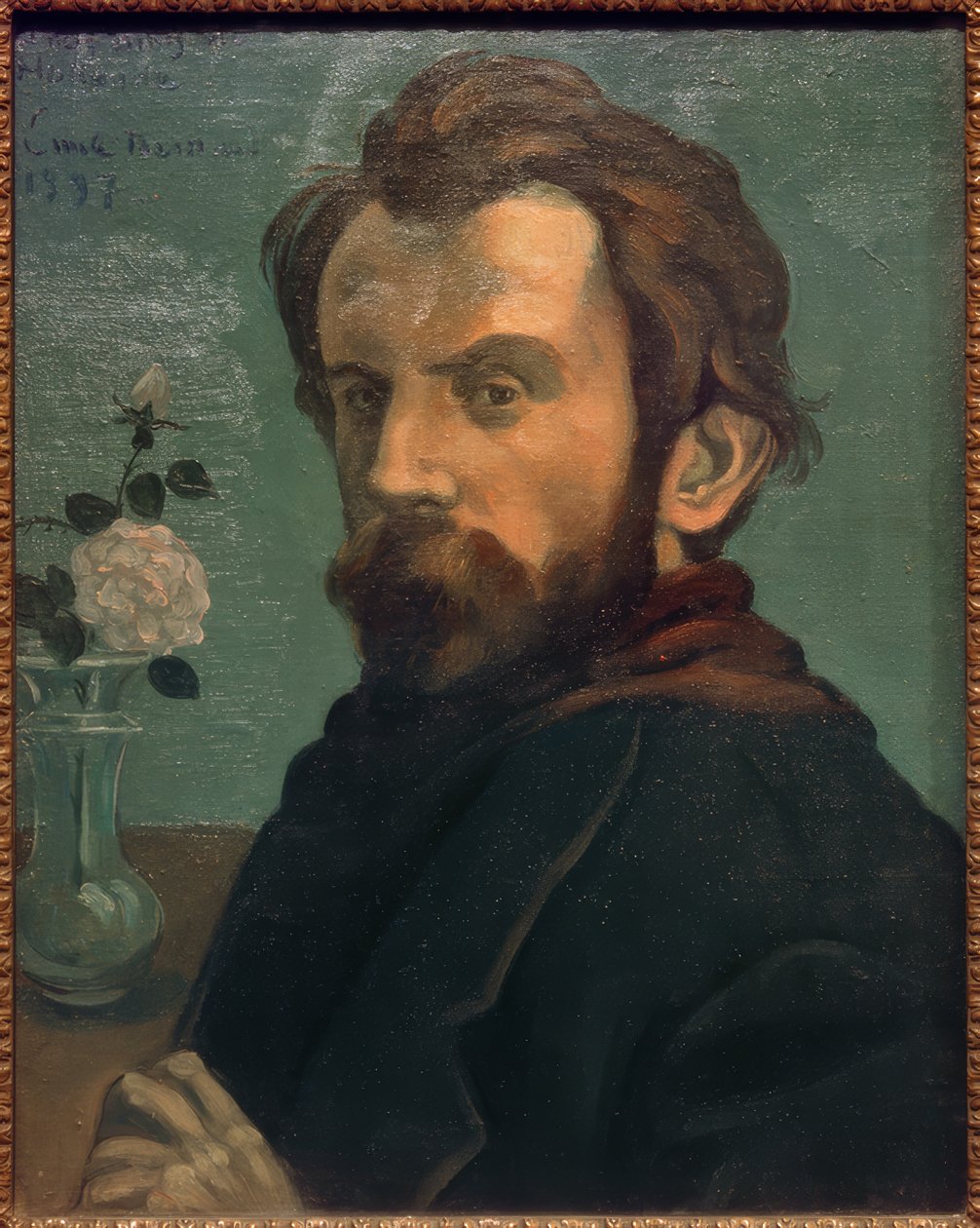 Selvportræt med en vase med blomster af Emile Bernard