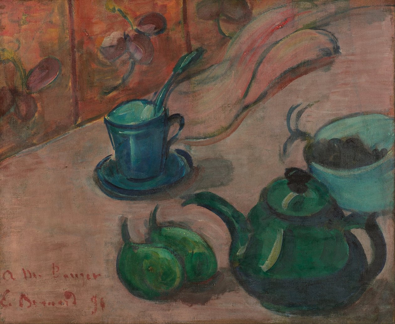 Stilleben med tekande, kop og frugt af Emile Bernard