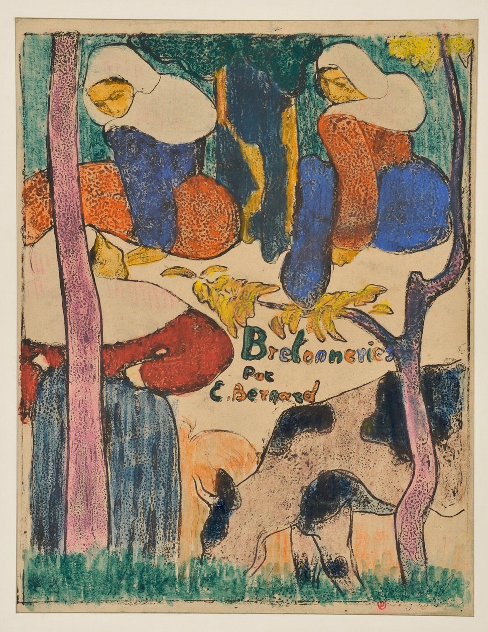 Drei Frauen und eine Kuh auf einer Wiese af Emile Bernard