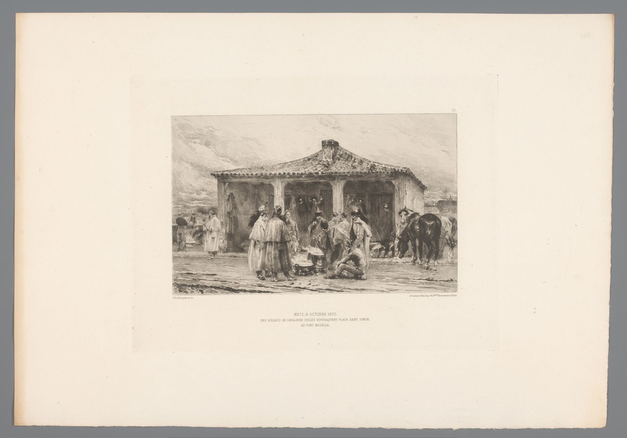 Gruppesoldat i en lejr Metz 8. oktober 1870/ Isolerede kavalerisoldater bivuak på Place Saint Simon i Fort Moselle (titel på objekt) Frankrig etsen uit 1875 (serietitel) Radering i 1875 (serietitel) af Emile Boilvin