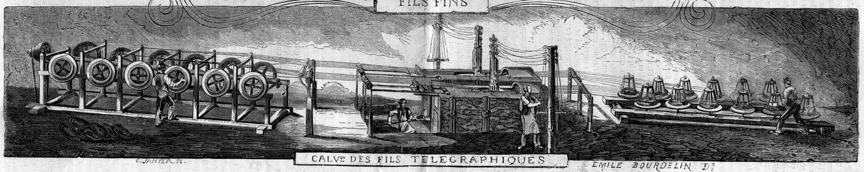 Galvanisering af jern- og telegraftråde i Grenelle-fabrikken udført af smedjefirmaet Franche Comte. Gravering af Emile Bordelon i "" The Illustrious World"" nr. 93 af 22. januar af Emile Bourdelin