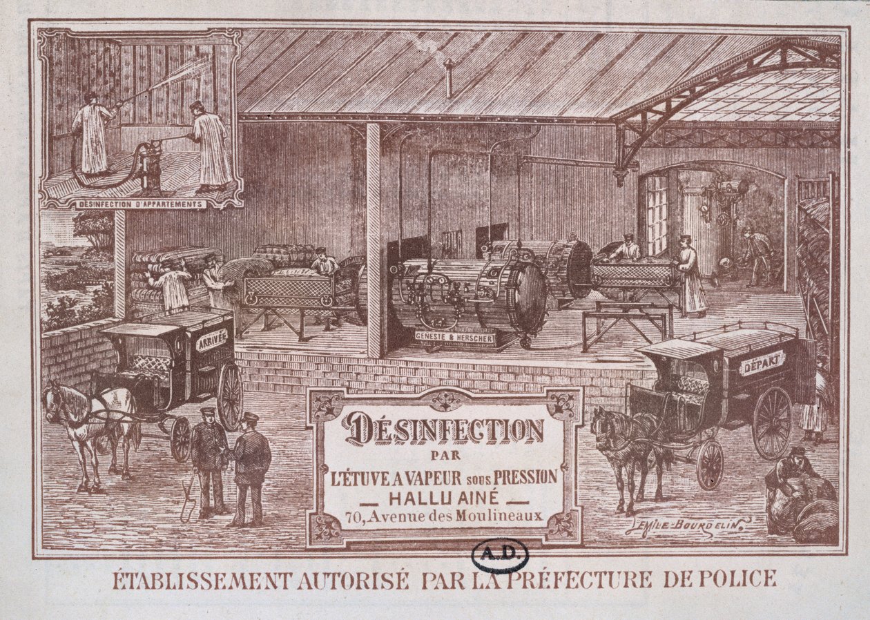 Plakatreklame Maskiner til desinfektion af damp produceret af Hallu Aine, slutningen af det nittende århundrede af Emile Bourdelin