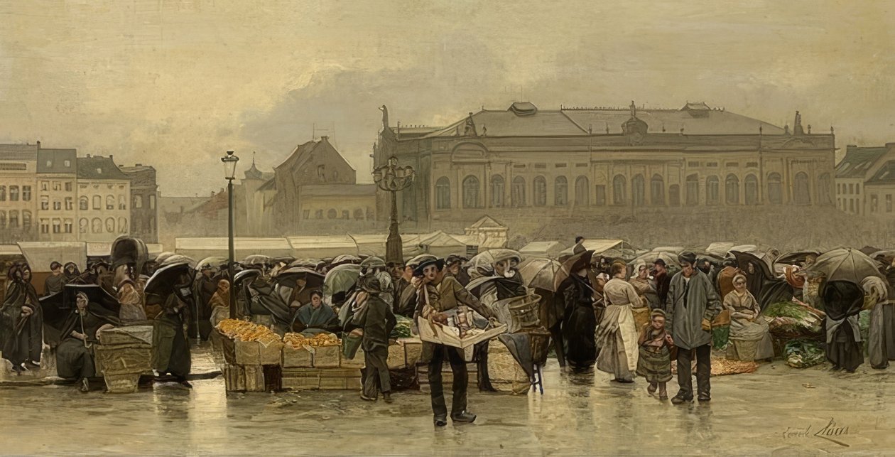 Markedet foran teatret i Antwerpen af Emile Claus