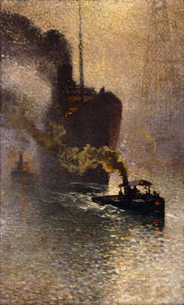I Slæb på Themsen i Tågen; Escorte sur la Tamise dans le Brouillard - Taget in Tow on Themsen, 1918 af Emile Claus