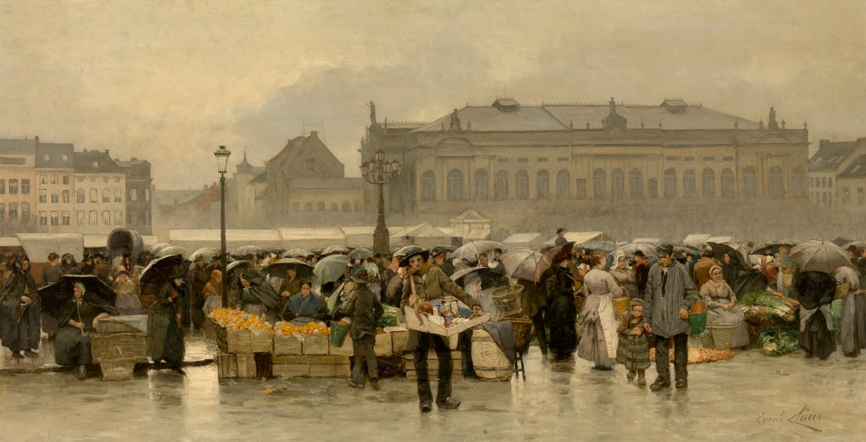 Markedet foran teatret i Antwerpen (olie på lærred) af Emile Claus