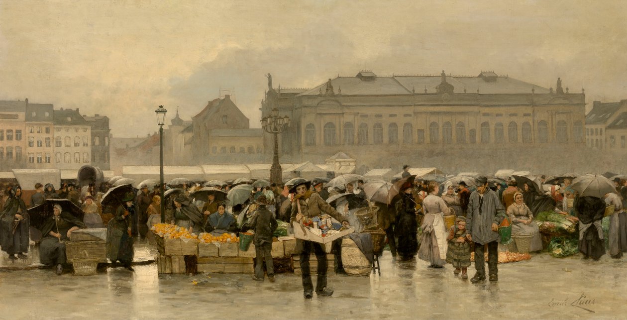 Markedet foran teatret i Antwerpen af Emile Claus